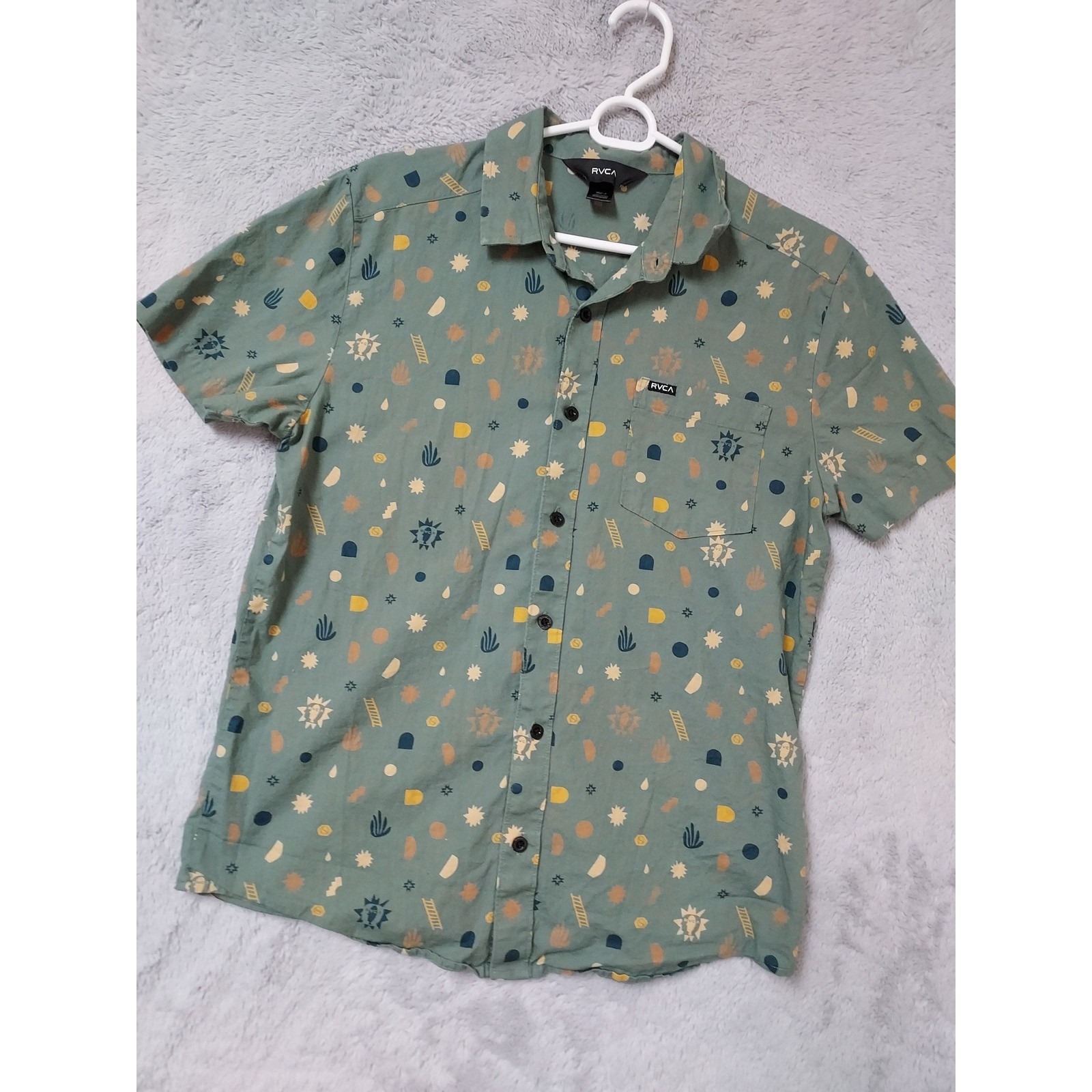 Rvca Shirt Men Small Short Sleeve Graphic Print Button Down Green Surfer Beach S